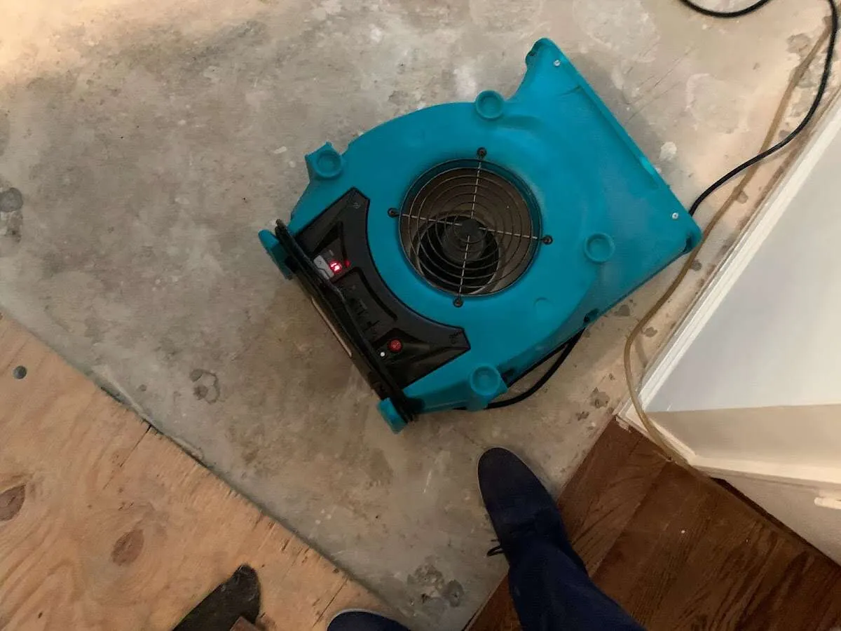 Air mover drying subfloor during Leak Detection & Repair in Delhi